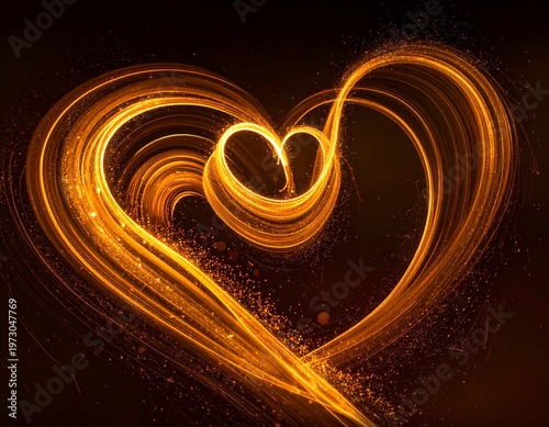 Glowing heart shape created by light trails against a dark background, sparks