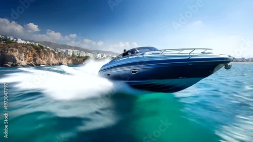 Speeding luxury boat on clear blue water, coastline