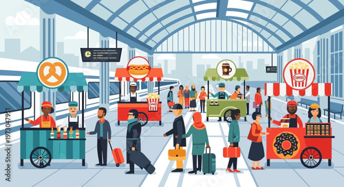 Diverse crowd at busy train station with food stalls, travel, commuting, urban life illustration