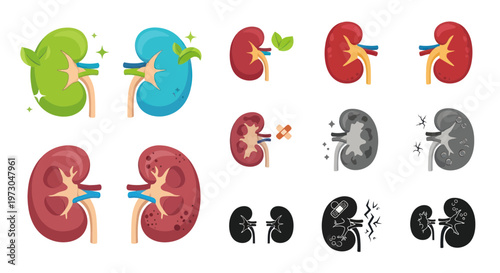 Healthy and Unhealthy Kidneys Icons Set - Medical Illustration