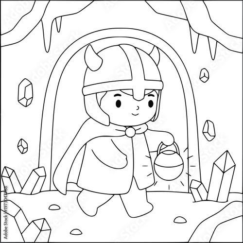 Halloween coloring page of a cute Viking king sitting on a throne