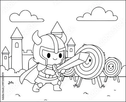 Halloween coloring page of a cute vicing knight training with a sword