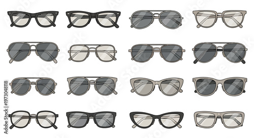 A comprehensive collection of stylish eyewear, featuring a diverse array of modern and classic eyeglasses and sunglasses designs, perfect for illustrating fashion trends and visual accessory needs