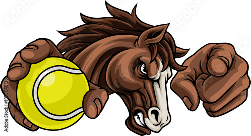 Horse mustang bronco stallion angry tennis sports team mascot holding a ball.