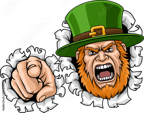 A leprechaun Celtic Irish head or face, angry cartoon sports mascot man pointing finger at viewer.