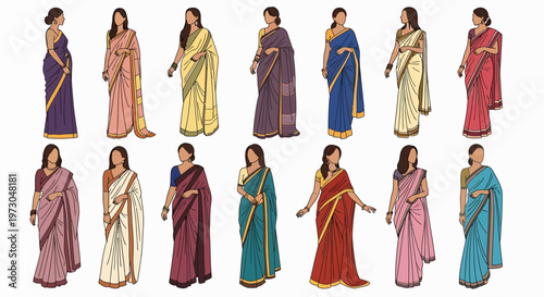 A vibrant collection of diverse Indian women gracefully adorned in traditional sarees, showcasing the rich cultural heritage and fashion of the region