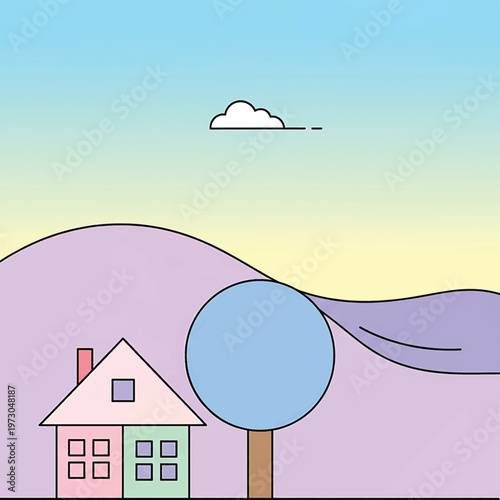 Colorful cartoon house with tree nearby.