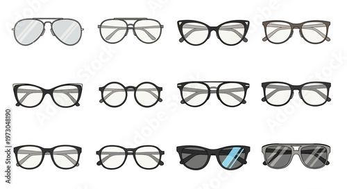 Collection of various styles of eyeglasses and sunglasses, perfect for fashion and eye care
