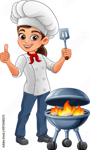 Cartoon female chef character in uniform with spatula, smiling and grilling on barbecue with fire flames. Perfect for cooking, restaurant, BBQ, culinary, food and chef mascot designs.