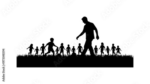 Father Leading Children Across Grass Silhouette