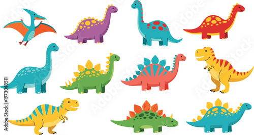 Cute dinosaur cartoon collection with various prehistoric animals colorful vector illustration 
