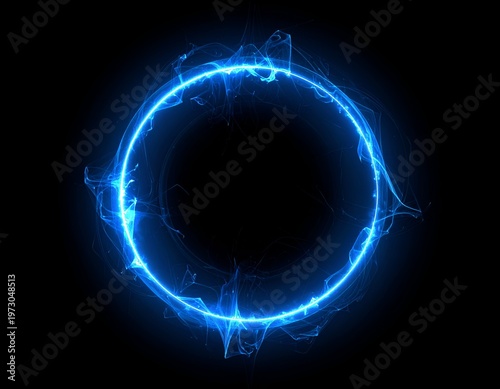 Glowing neon blue circular energy field emitting light and flares in darkness