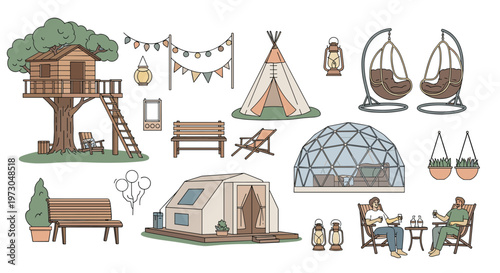 Set of cozy glamping elements including treehouse tipi tent geodesic dome and outdoor furniture for luxury camping.