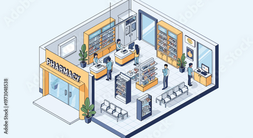 Isometric illustration of a modern pharmacy interior with customers browsing shelves and pharmacists assisting at the counter.