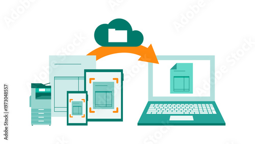 Multi device cloud computing network for invoice processing featuring smartphone tablet and PC integration with AI technology for automated data analysis.