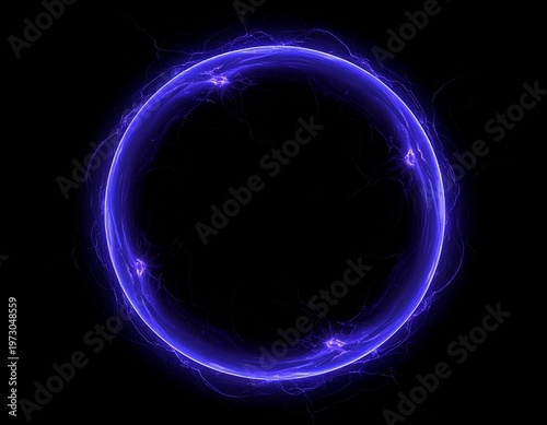 Glowing neon blue energy ring with arcs against a pitch-black background