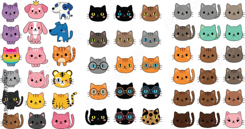 Cute cat faces cartoon collection with various colors patterns and accessories vector illustration set of adorable feline characters