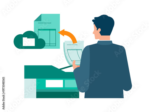 Male office worker scanning invoices with multifunction printer for cloud synchronization and OCR automated data entry representing digital transformation in accounting and document management