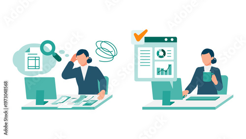 Before and After comparison of accounting work showing a stressed woman versus a productive office worker using SaaS dashboard for automated invoice processing and workflow efficiency