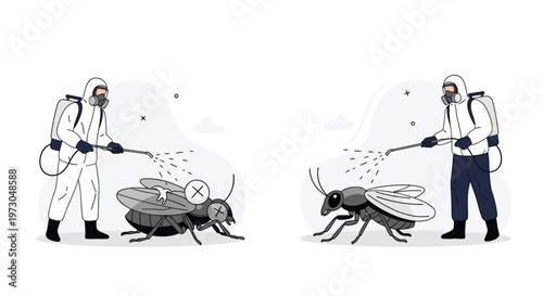 Professional pest control workers in protective hazmat suits spraying large flies with chemicals to eliminate infestations.