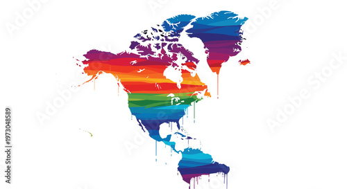 Vibrant map of the North American continent filled with a colorful dripping paint texture in a creative rainbow design.