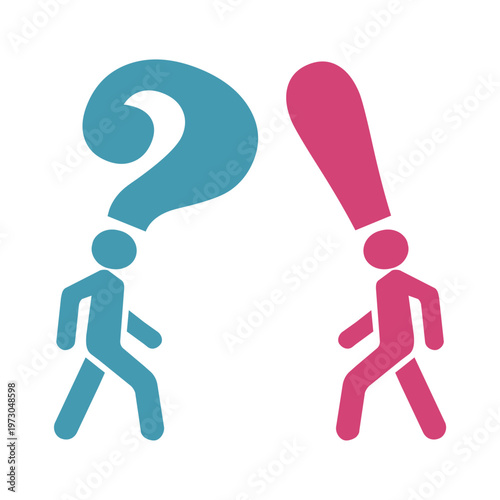 Doubting man and man with idea. Smart male character with question mark rooted in head. Memory and solution, searching and thinking concept. Unsatisfied serious worrying human. Person with solution