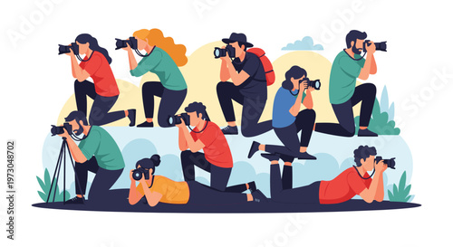 Large group of professional photographers in different poses using their cameras to capture shots from various angles.