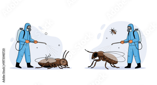 Pest control technicians wearing full protective suits and masks spraying large insects with insecticide in a lab setting.