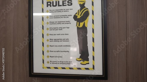 Workplace Safety Rules Poster with Yellow Warning Stripes and Icons in Industrial Factory Setting.
