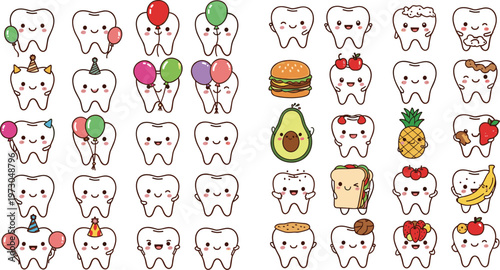 Cute tooth cartoon character collection with food and dental health concept kawaii vector illustration set for kids dental care design