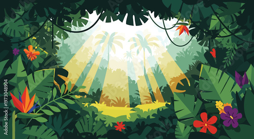 Lush jungle foliage bathed in sunlight, with palm trees visible through the dense green canopy