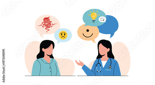 Healthcare professional or therapist talking to a patient with speech bubbles representing thought clarity and mental health.