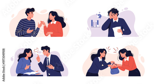 Interpersonal conflict and stress are depicted in these illustrations showing social anxiety and disagreements at work or home environments.