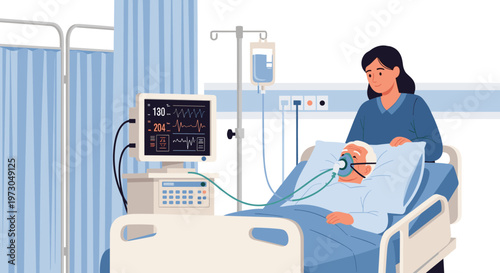 Young woman visits an elderly male relative receiving medical care through a ventilator mask in a clean hospital room setting.