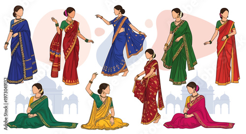 Beautiful Indian Women in Traditional Sarees Showcasing Diverse Poses and Cultural Attire
