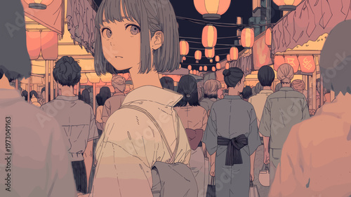 夜の祭りを眺めるアニメ風の少女