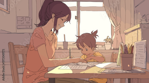 窓辺で勉強を教える母親と子供のアニメ風イラスト