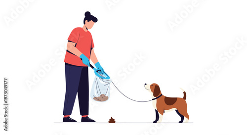 Responsible pet ownership is shown as a person cleans up after their dog by picking up animal waste in a bag during a routine walk.