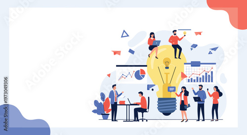 Collaborative team brainstorming and innovation are symbolized by a group of professionals working together around a giant glowing lightbulb.
