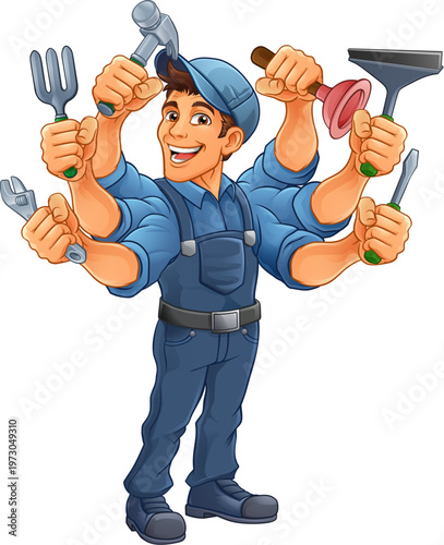 A handyman cartoon handy man caretaker construction worker or maintenance man multitasking caretaker concept.