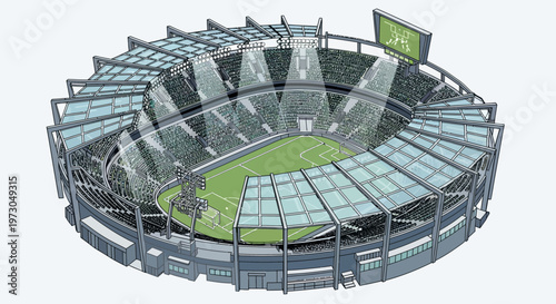 Modern Stadium Architecture Design, Sports Arena Exterior and Interior View, Architectural Blueprint
