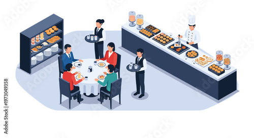 Isometric view of a modern buffet restaurant shows customers dining at tables while staff serve food and a chef prepares meals at the counter.