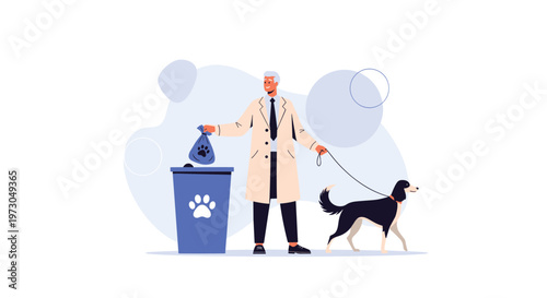 Responsible pet owner in a trench coat disposes of a dog waste bag in a dedicated blue public bin while walking their black and white dog.