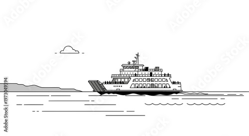 Modern Ferry Boat Sailing on Calm Water, Minimalist Line Art Style, Transportation Concept