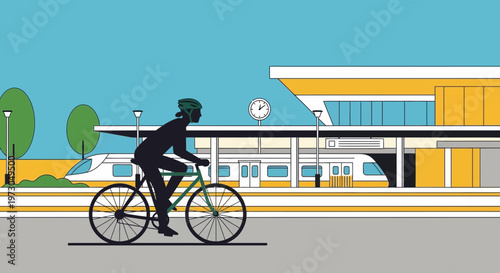 Cyclist near modern train station with high-speed train arriving