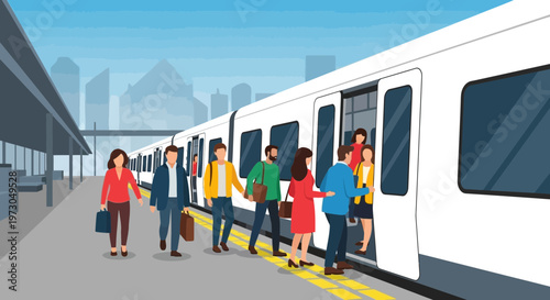 Foto Diverse commuters boarding a modern subway train at a bustling city station platform