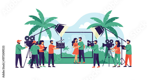 Professional film crew works on a tropical outdoor movie set with palm trees, capturing a romantic scene between two actors on camera.