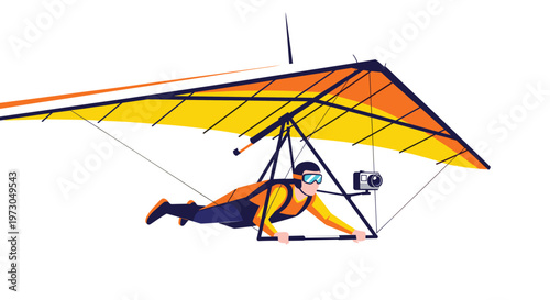 Adventurous individual enjoys the thrill of hang gliding through the air with an action camera attached to the frame to record the flight.