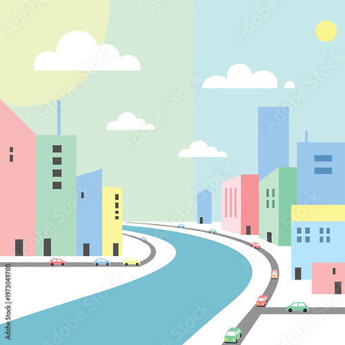 City Road with Buildings and Cars.