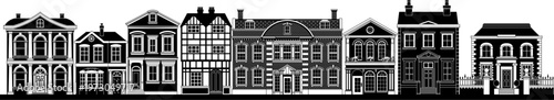 Black and white silhouette illustration of historic townhouse houses Victorian Georgian old buildings street facade. Architectural houses ideal for urban backgrounds, cityscape design.